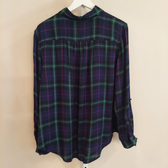 Crown Ivy Large Navy Plaid Long Sleeve Popover Top Roll Tab Cabin Holiday Preppy - Picture 4 of 8